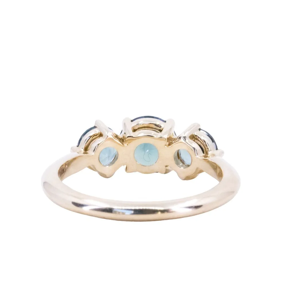 1.08ct Ocean Blue Sapphire Prong Set Three Stone Ring in 14k Yellow Gold
