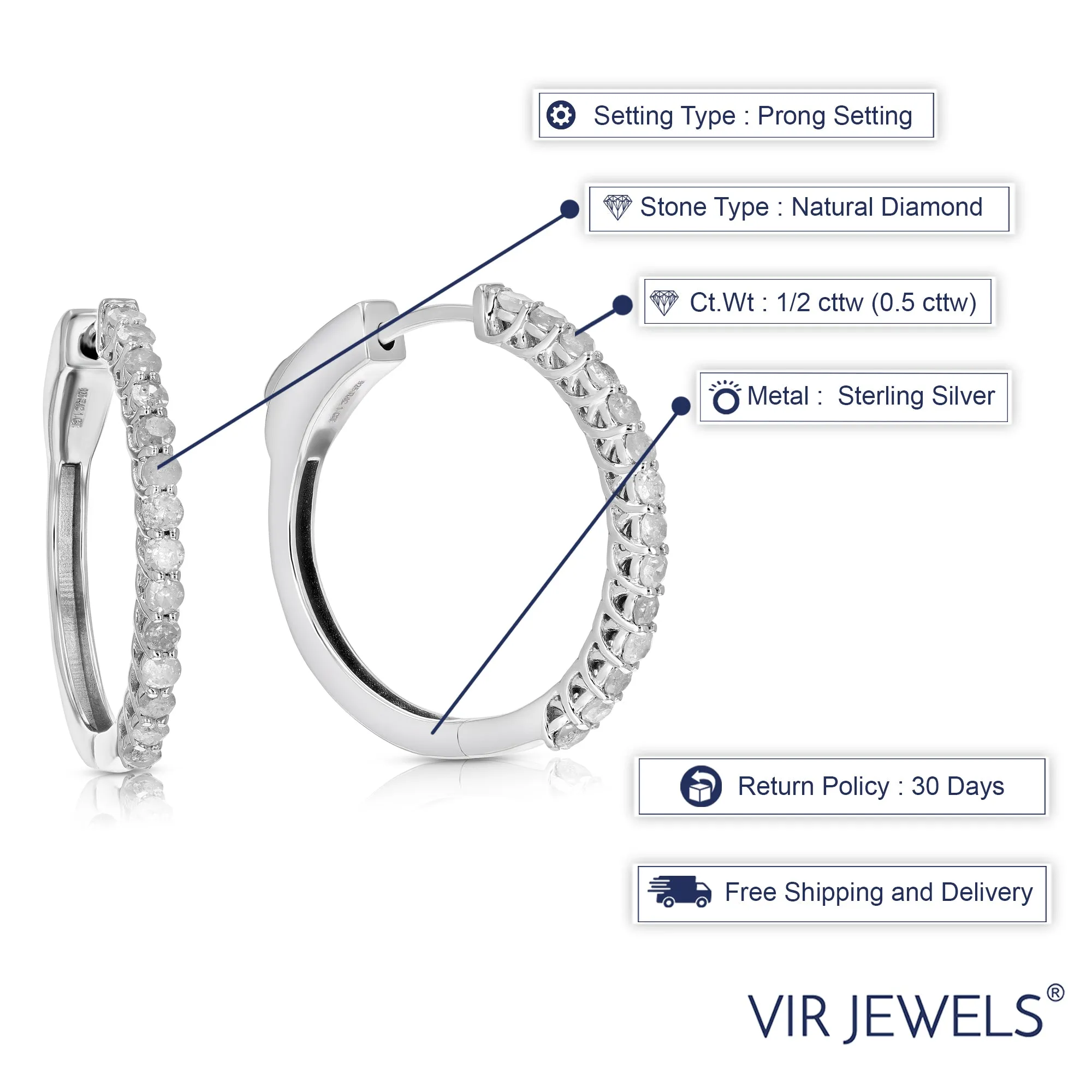 1/2 cttw Diamond Hoop Earrings .925 Sterling Silver 32 Stones Dangle 3/4 Inch