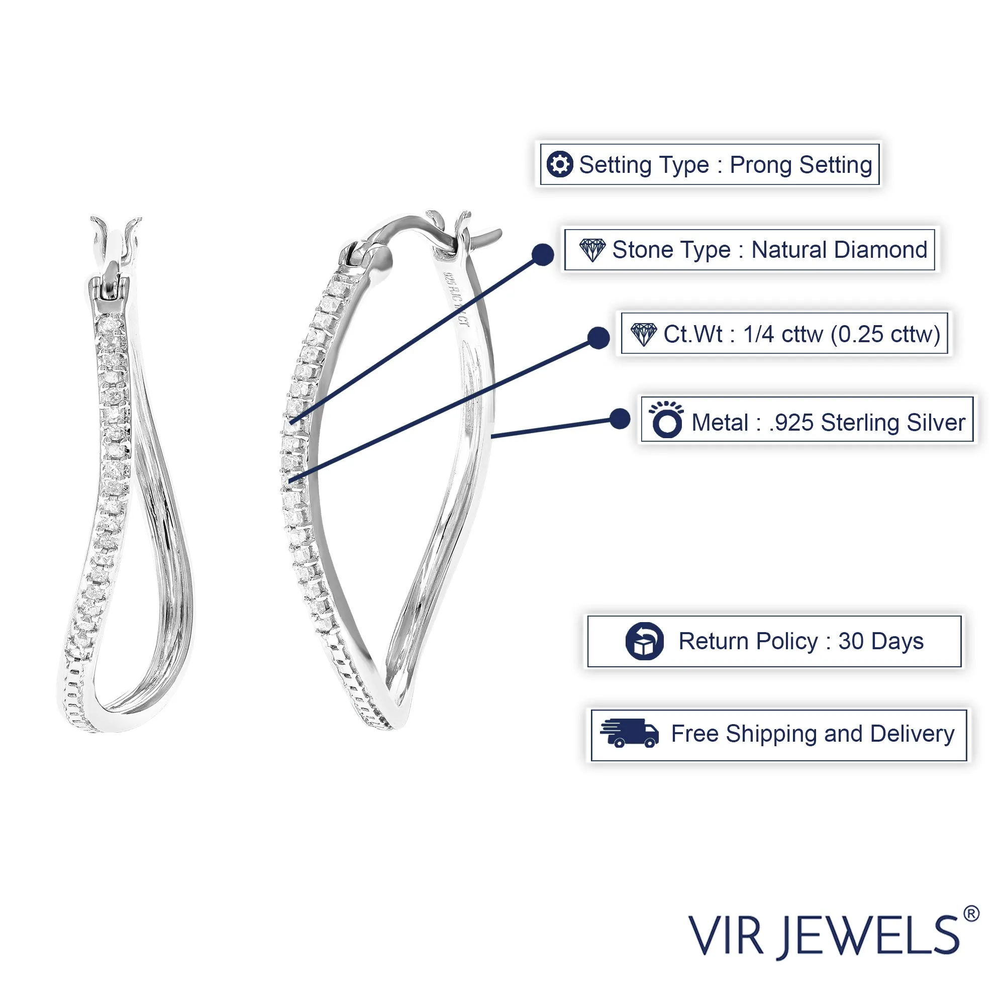 1/4 cttw Princess Cut Diamond Hoop Earrings .925 Sterling Silver with Rhodium Plating 1 Inch