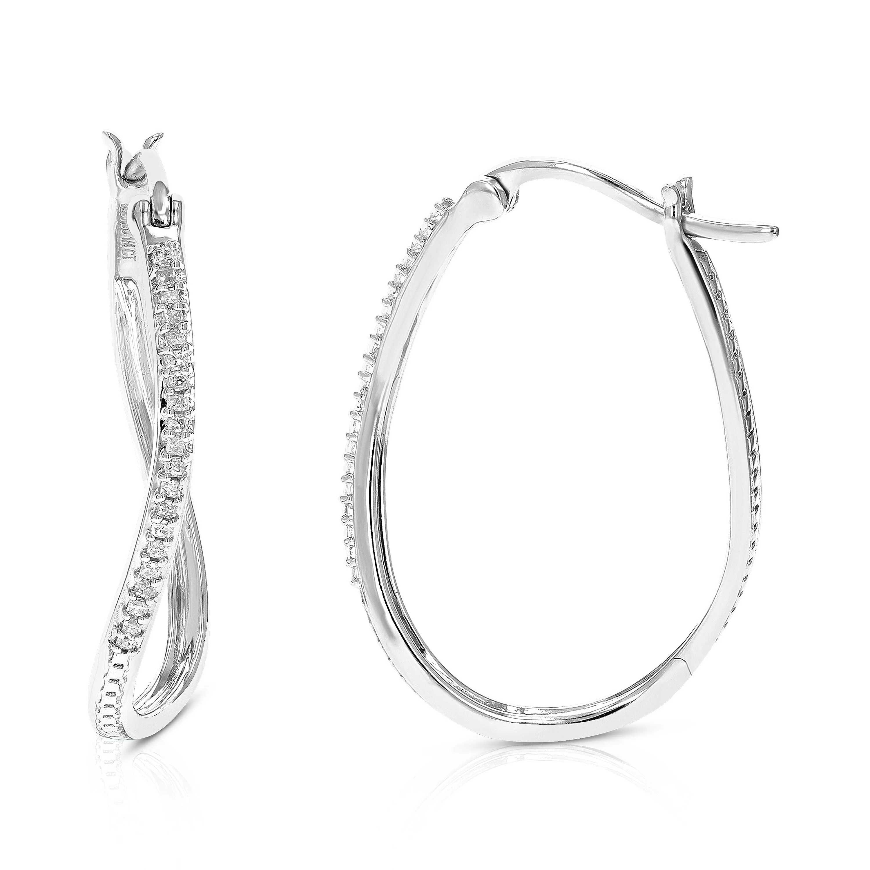 1/4 cttw Princess Cut Diamond Hoop Earrings .925 Sterling Silver with Rhodium Plating 1 Inch