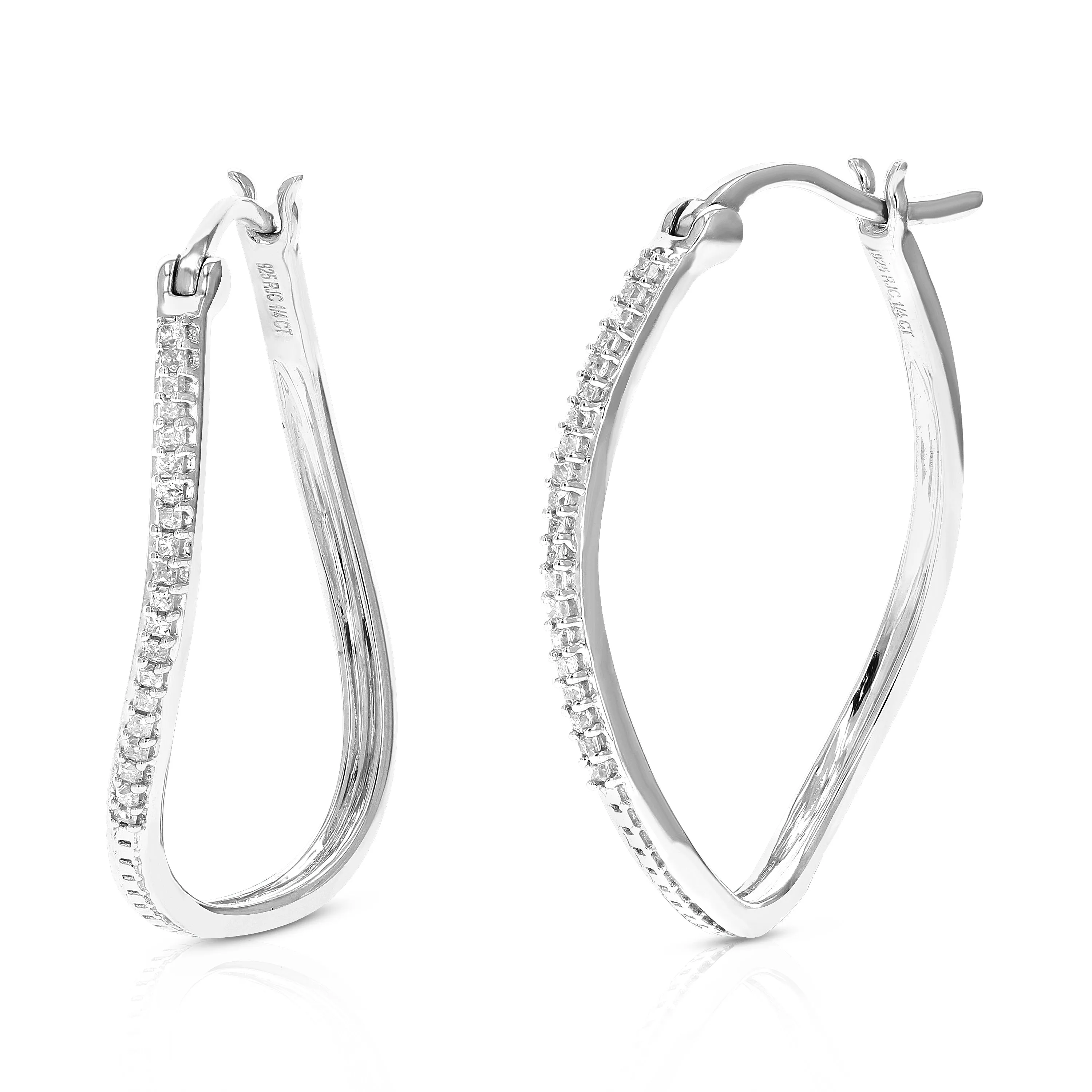 1/4 cttw Princess Cut Diamond Hoop Earrings .925 Sterling Silver with Rhodium Plating 1 Inch