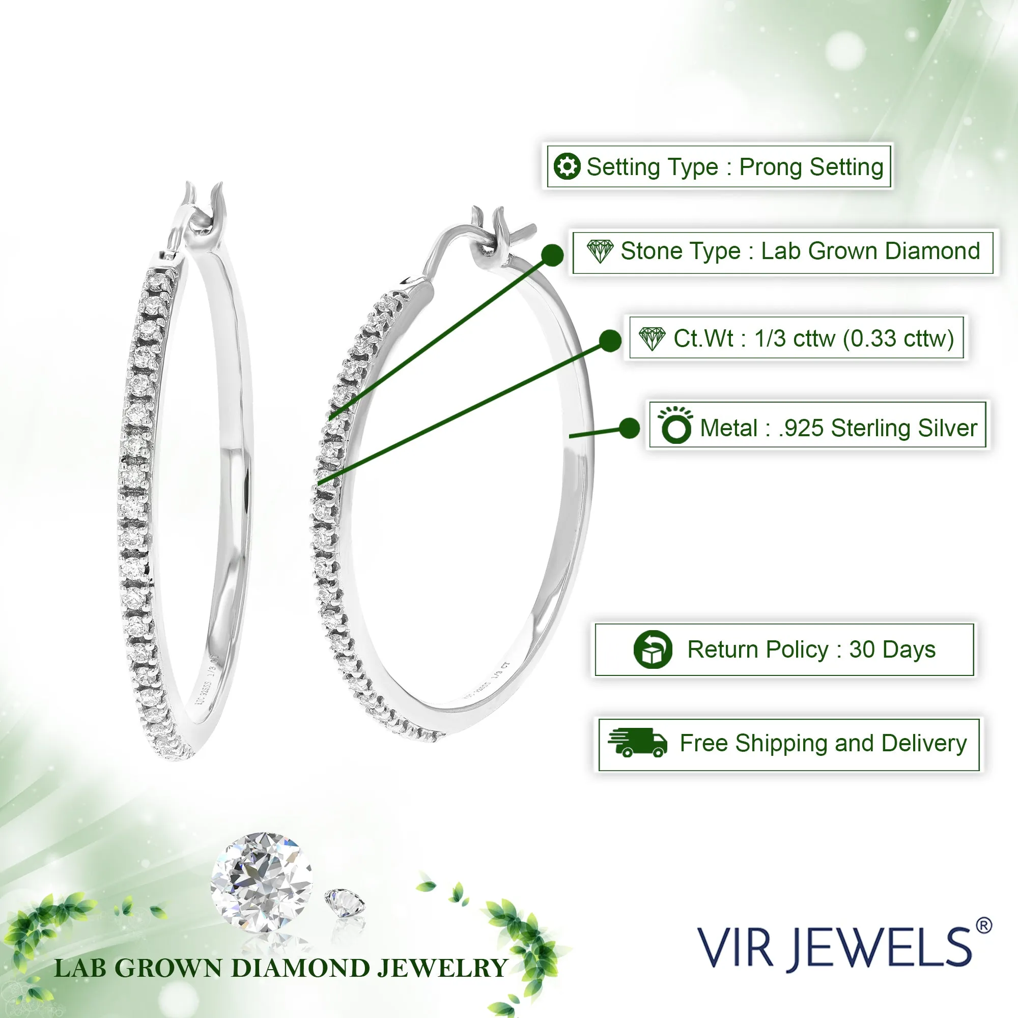 1/4 cttw Round Lab Grown Diamond Hoop Earrings .925 Sterling Silver Prong Settings Size 1 Inch Gorgeous