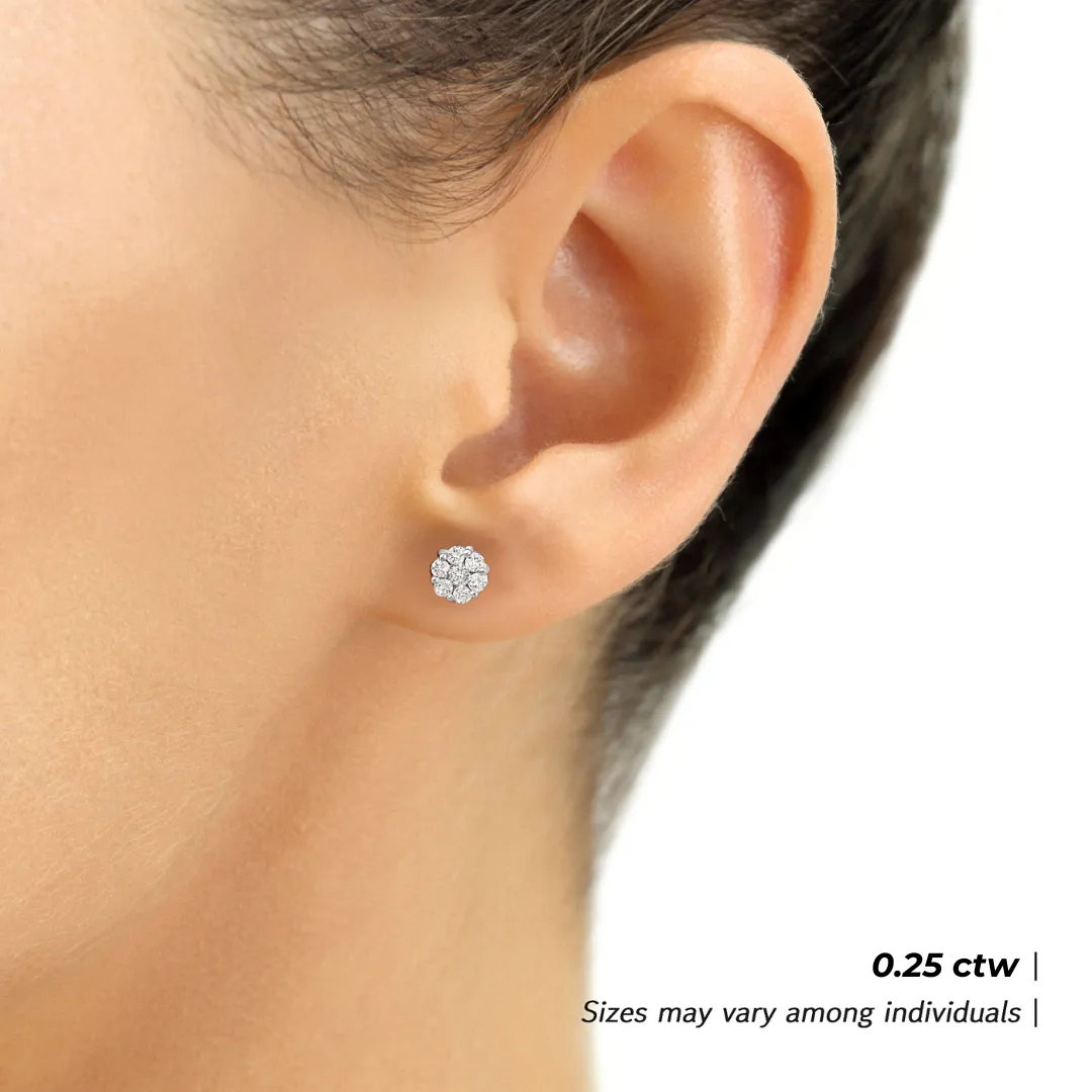 14K White Gold Diamond Cluster Stud Earring with Screw-Back, 0.25 carats