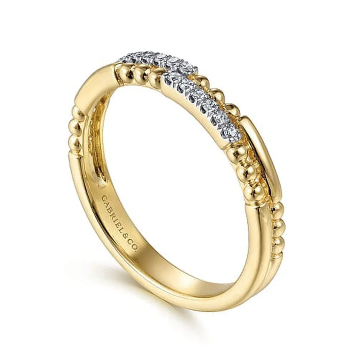 14K Yellow Gold Two Row Beaded Diamond Stackable Ring - LR51456