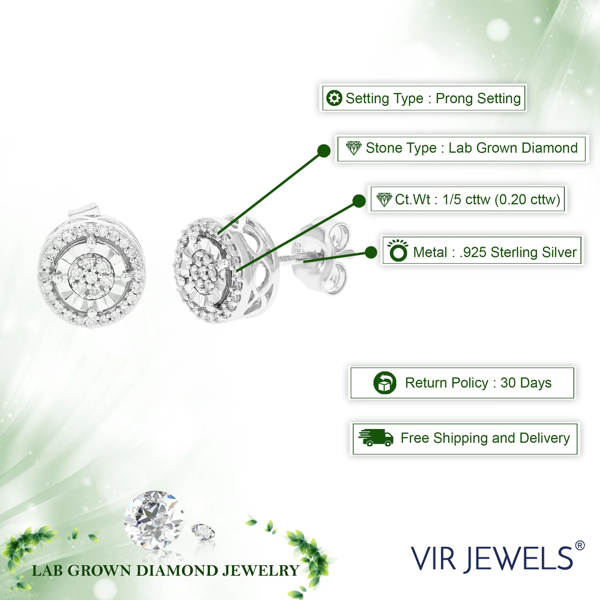 1/5 cttw 62 Stones Round Lab Grown Diamond Studs Earrings .925 Sterling Silver Prong Set 1/3 Inch