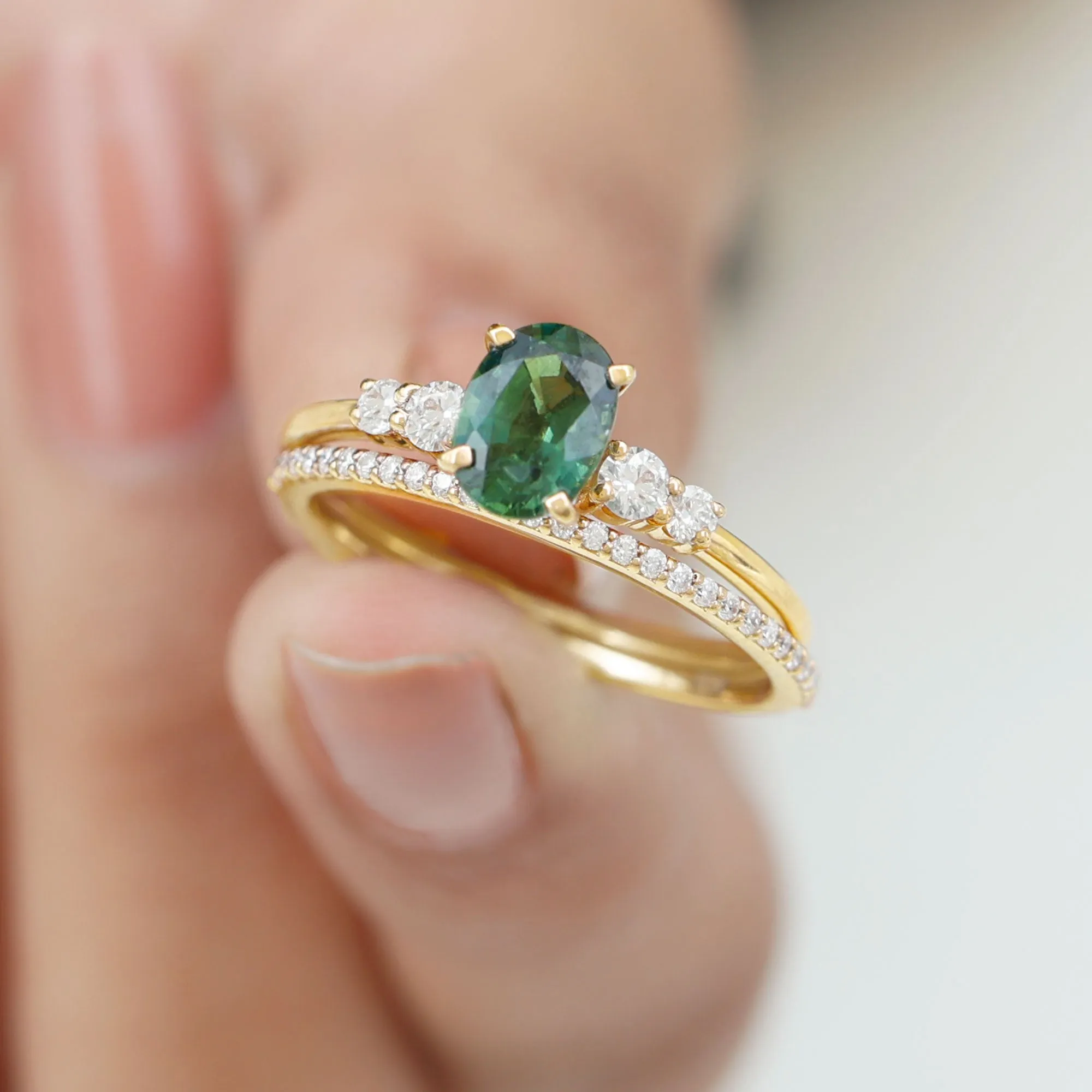 1.50 CT Created Green Sapphire and Diamond Ring Set