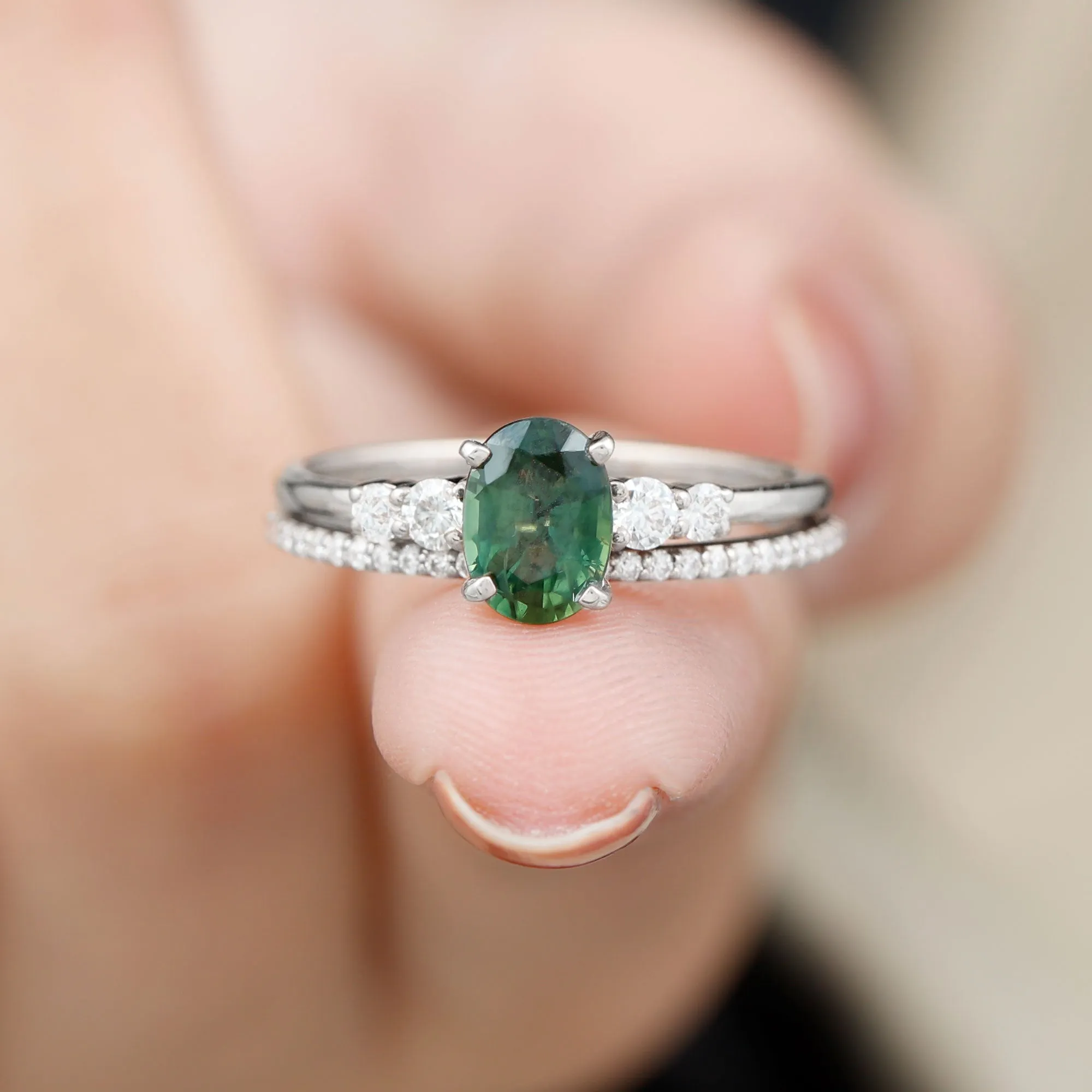 1.50 CT Created Green Sapphire and Diamond Ring Set