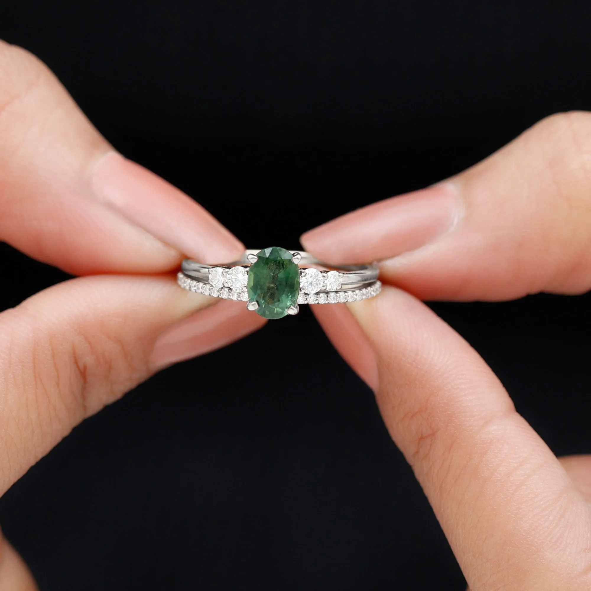 1.50 CT Created Green Sapphire and Diamond Ring Set