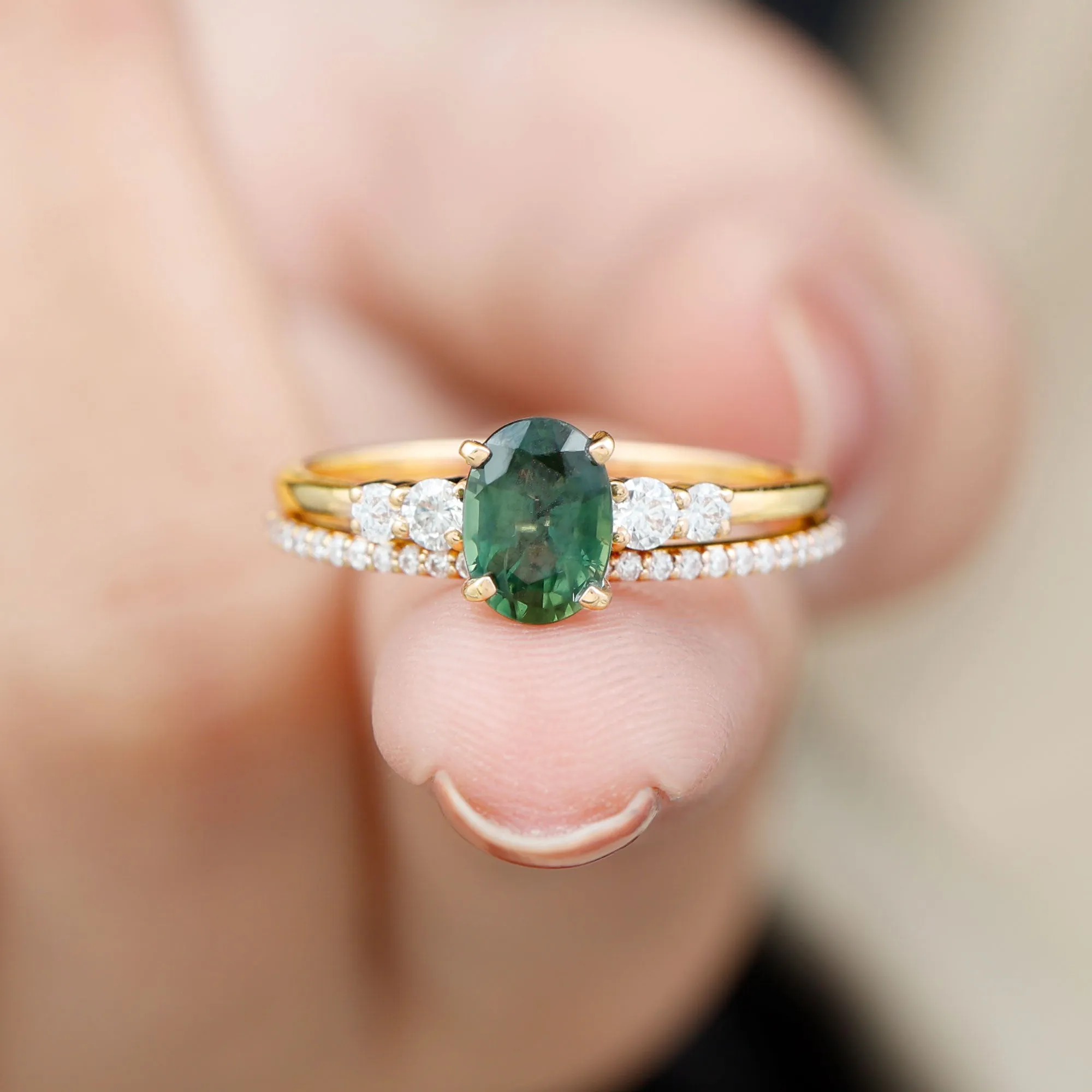 1.50 CT Created Green Sapphire and Diamond Ring Set