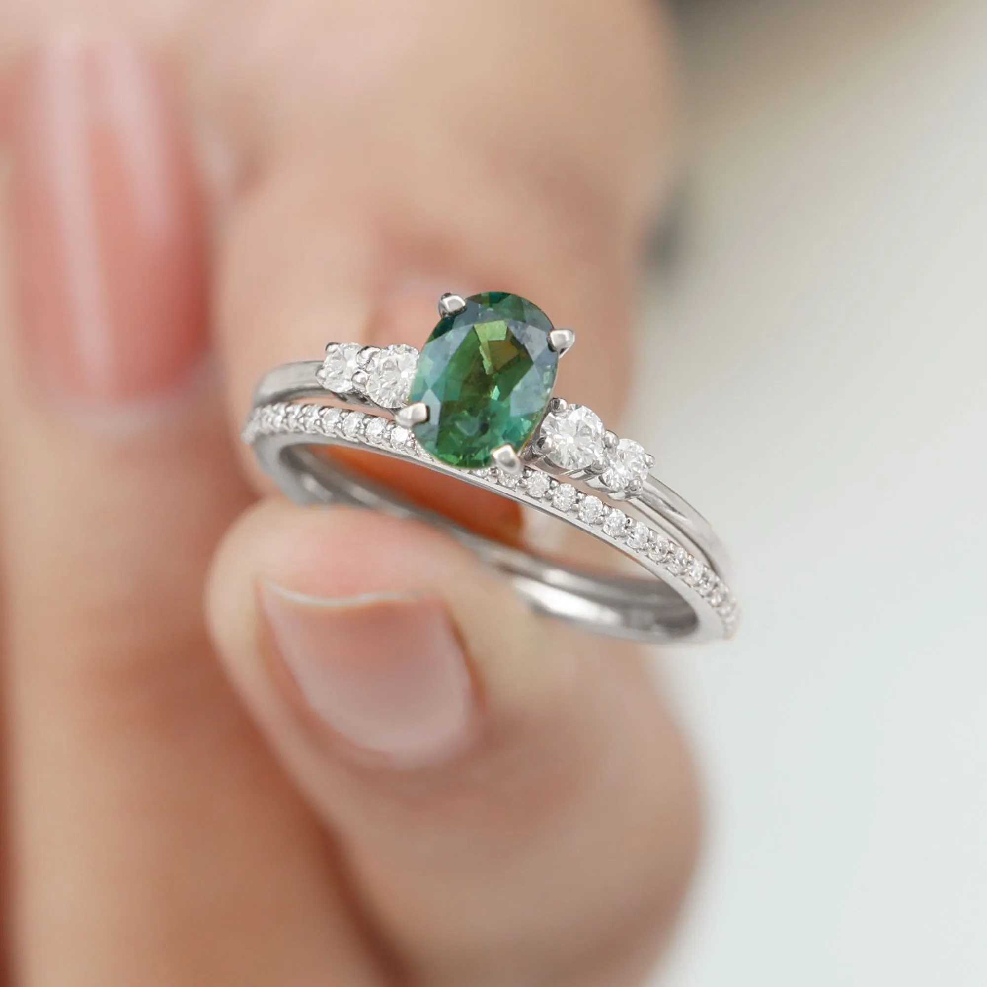 1.50 CT Created Green Sapphire and Diamond Ring Set