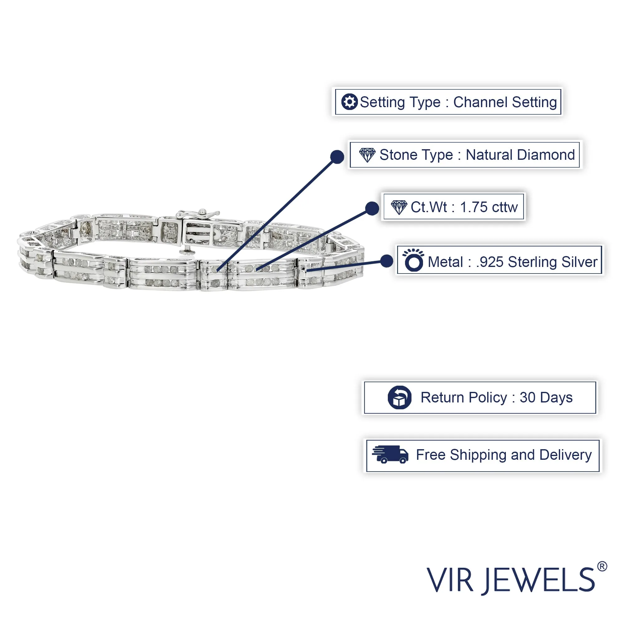 1.75 cttw Men's Diamond Bracelet .925 Sterling Silver With Rhodium 9 Inch 12 Grams