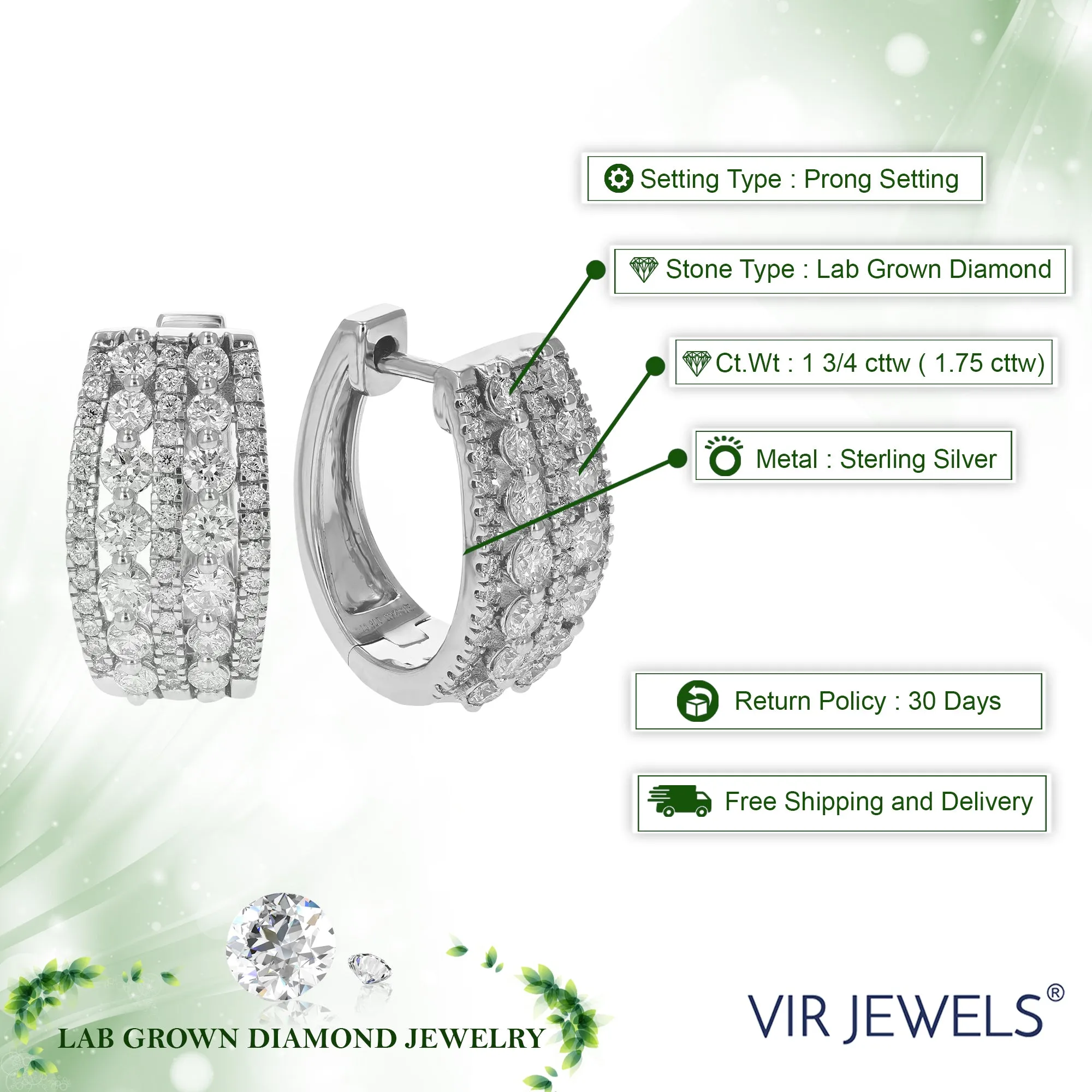 1.75 cttw Round Cut Lab Grown Diamond Hoop Earrings in .925 Sterling Silver Prong Set 2/3 Inch