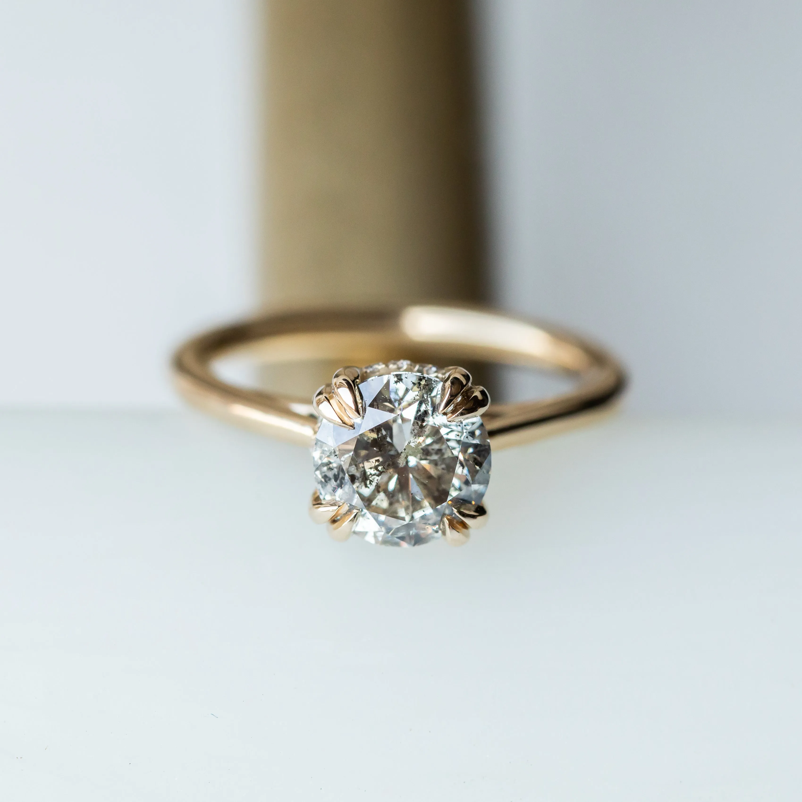 1.76ct Round Salt & Pepper Diamond Hidden Halo Double Prong Solitaire in 14k Yellow Gold