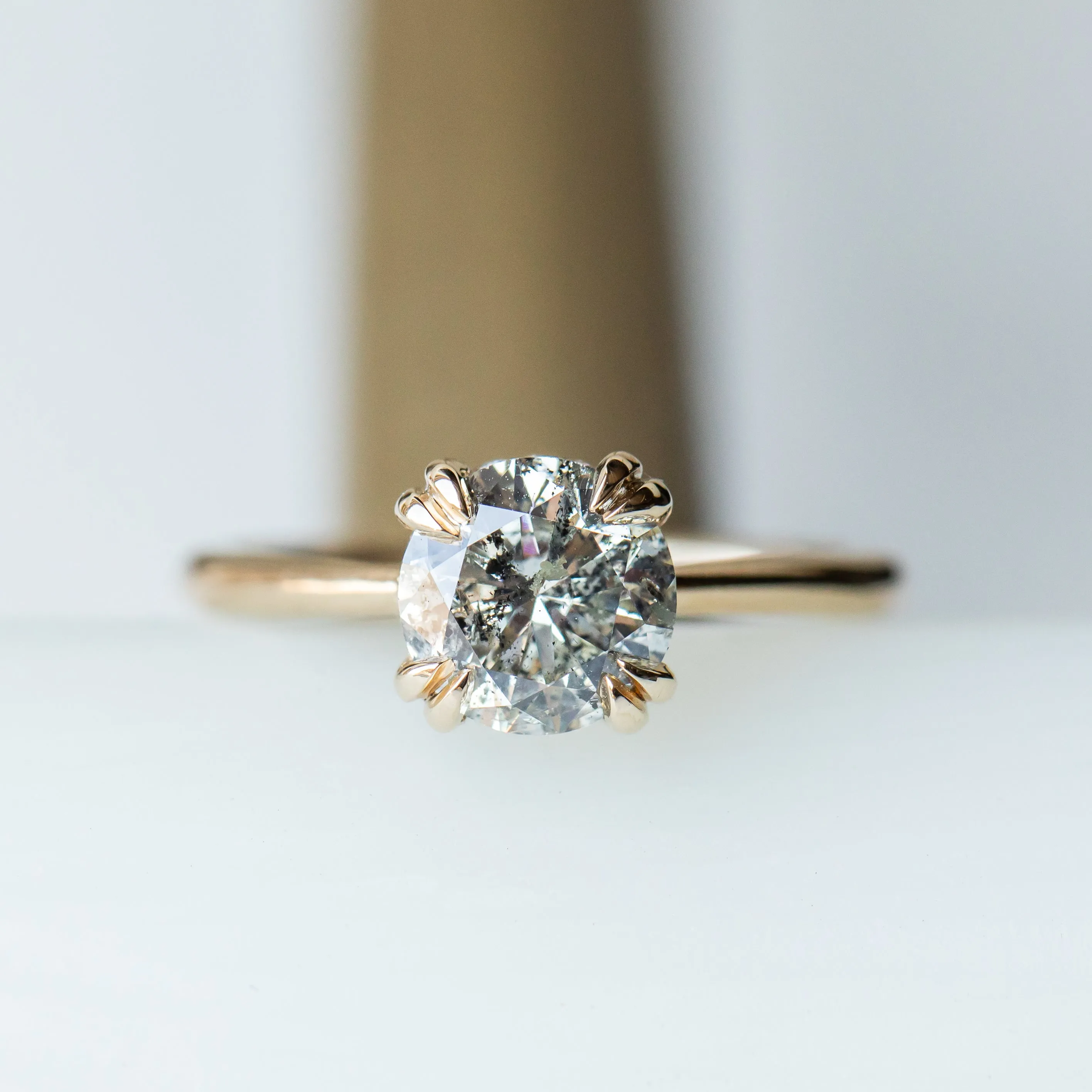 1.76ct Round Salt & Pepper Diamond Hidden Halo Double Prong Solitaire in 14k Yellow Gold
