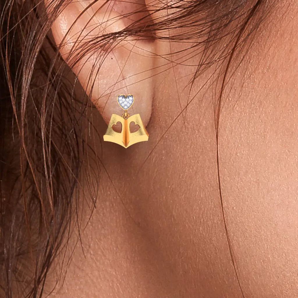 18k Book-shaped Gold Stud Earrings With A Love Shaped Diamond