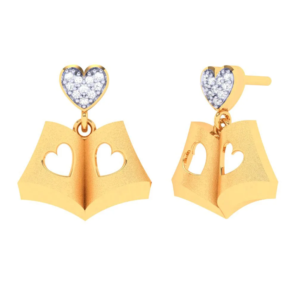 18k Book-shaped Gold Stud Earrings With A Love Shaped Diamond