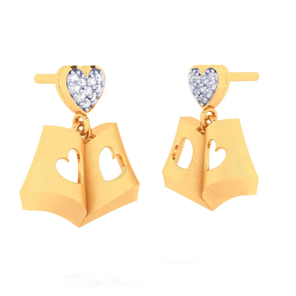 18k Book-shaped Gold Stud Earrings With A Love Shaped Diamond