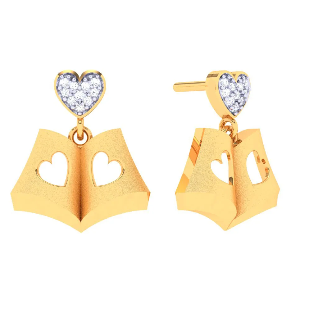 18k Book-shaped Gold Stud Earrings With A Love Shaped Diamond