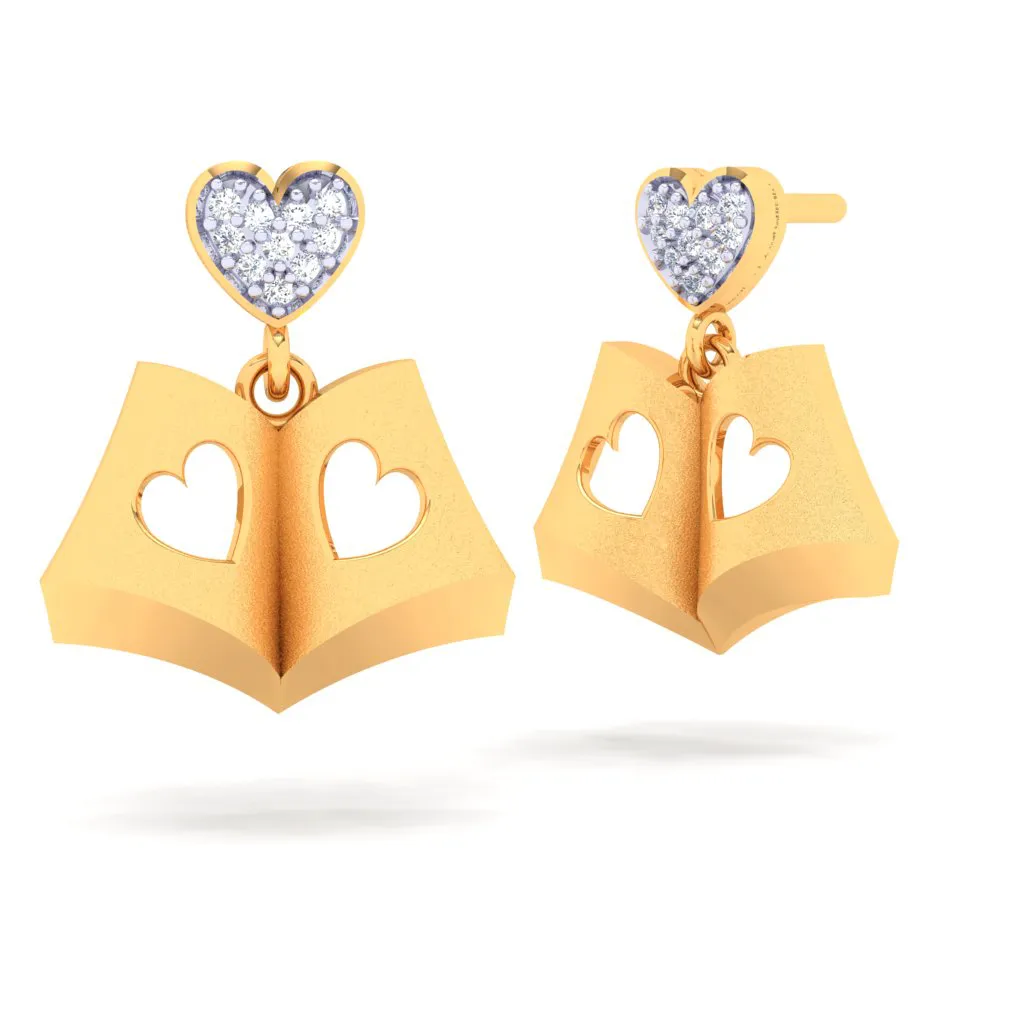18k Book-shaped Gold Stud Earrings With A Love Shaped Diamond