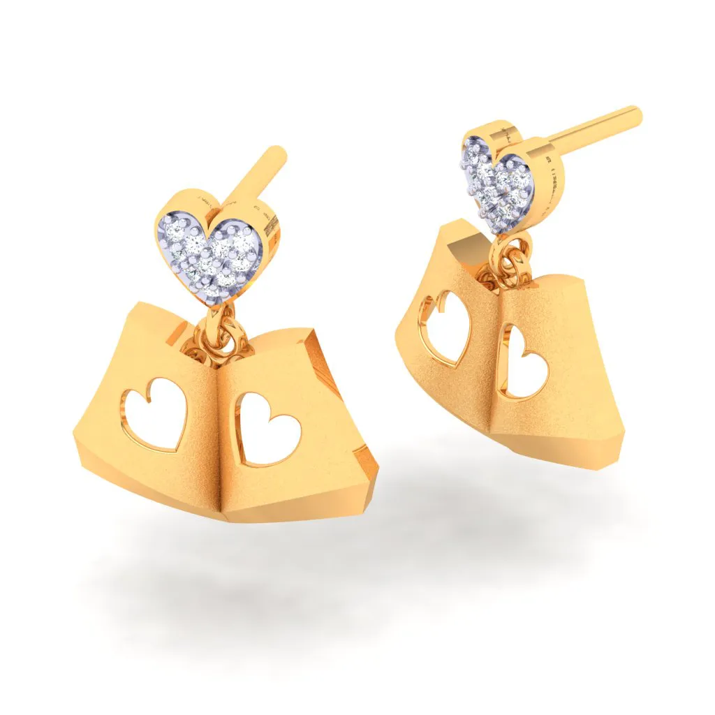 18k Book-shaped Gold Stud Earrings With A Love Shaped Diamond