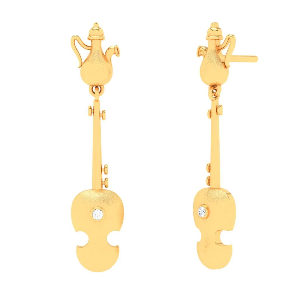 18KT Violin Shaped Gold Earrings From Diamond Collection