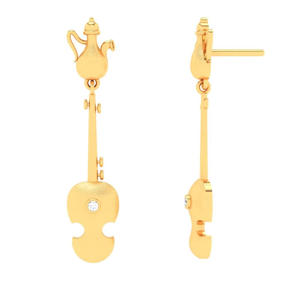 18KT Violin Shaped Gold Earrings From Diamond Collection
