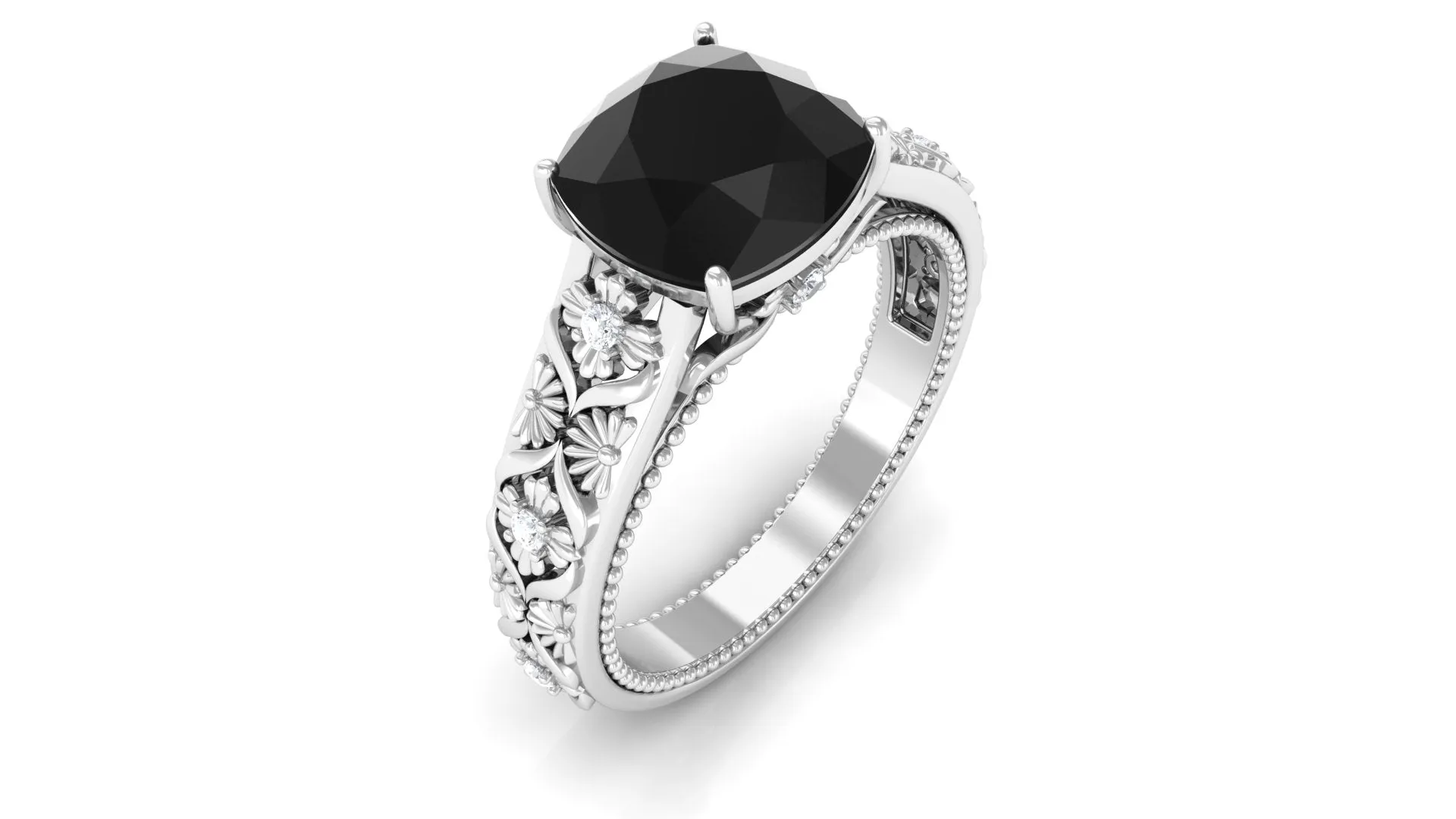 2 CT Cushion Cut Black Spinel Solitaire Engagement Ring