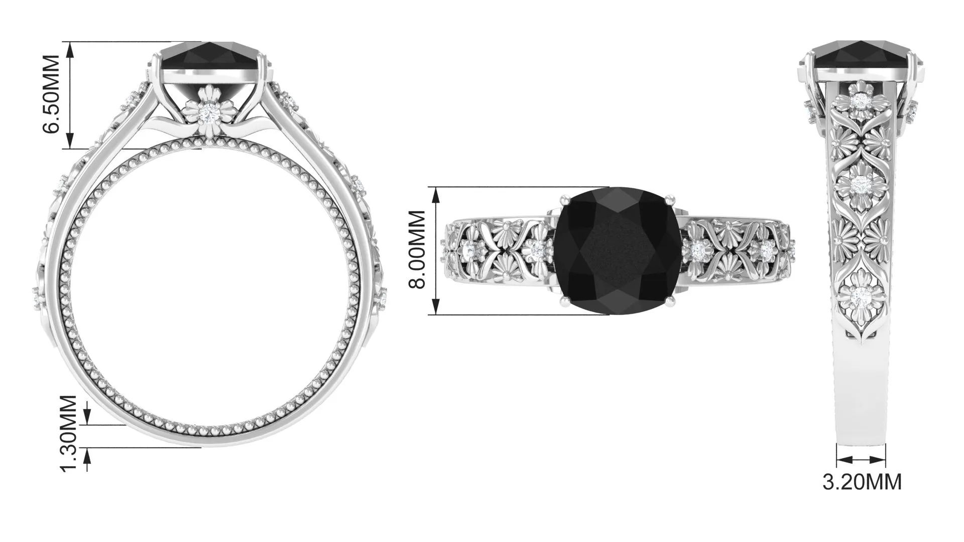 2 CT Cushion Cut Black Spinel Solitaire Engagement Ring