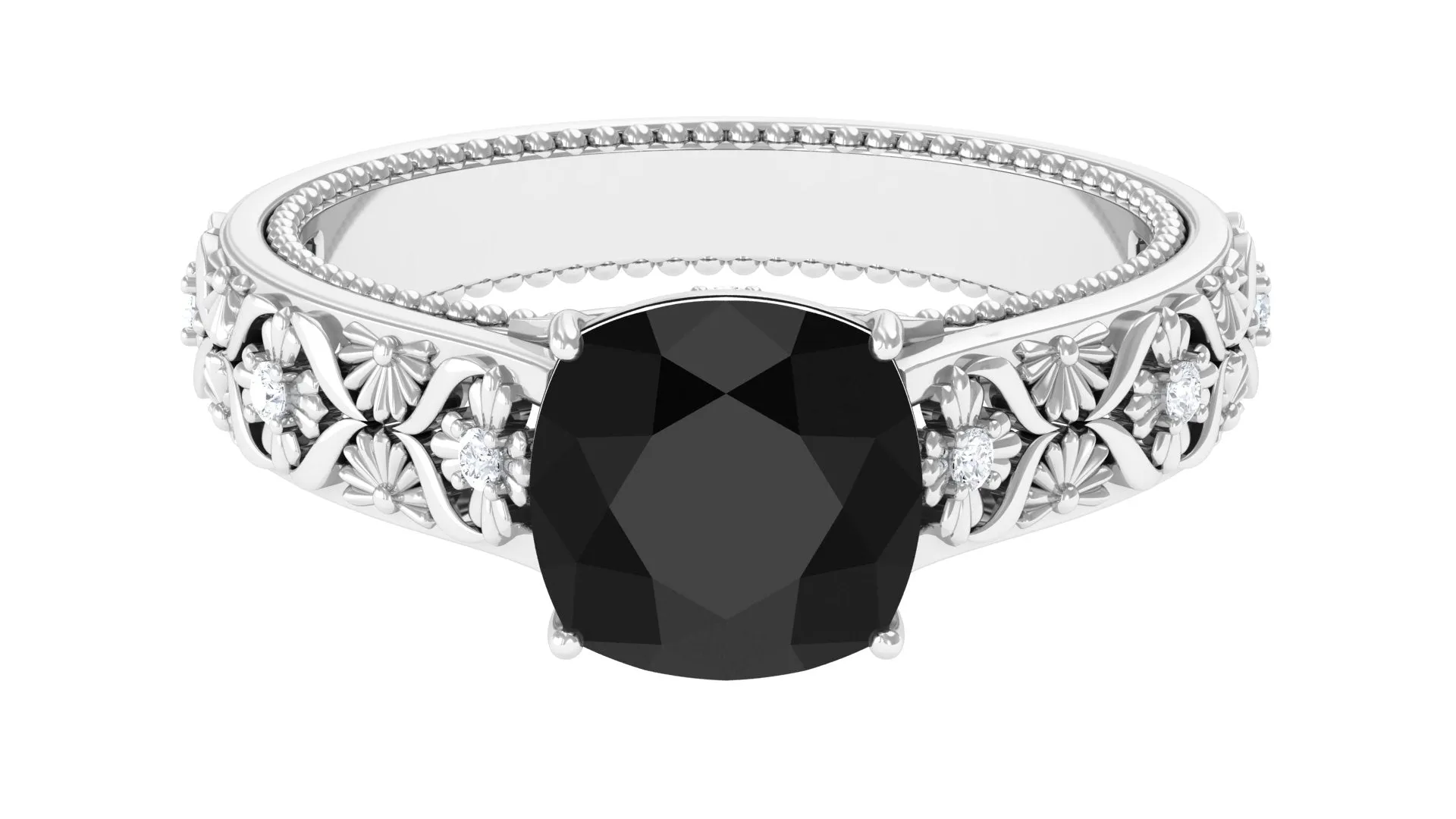 2 CT Cushion Cut Black Spinel Solitaire Engagement Ring