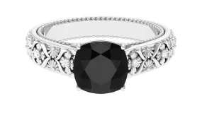 2 CT Cushion Cut Black Spinel Solitaire Engagement Ring