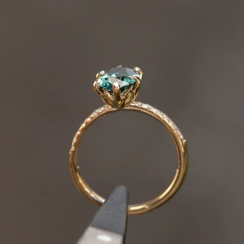 2.03ct Oval Parti Sapphire and Diamond Studded Lotus Six Prong Solitaire in 14k Yellow Gold