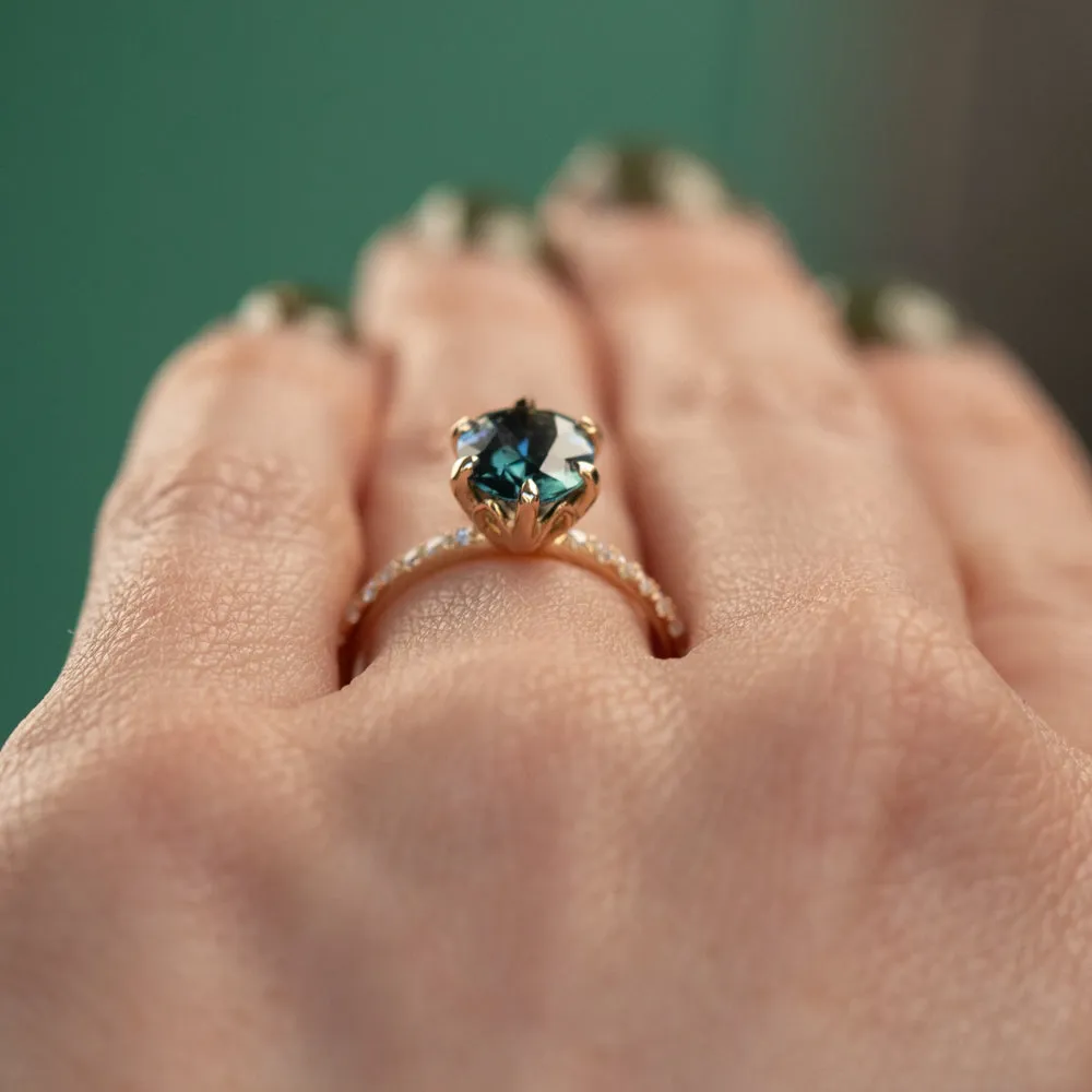 2.03ct Oval Parti Sapphire and Diamond Studded Lotus Six Prong Solitaire in 14k Yellow Gold