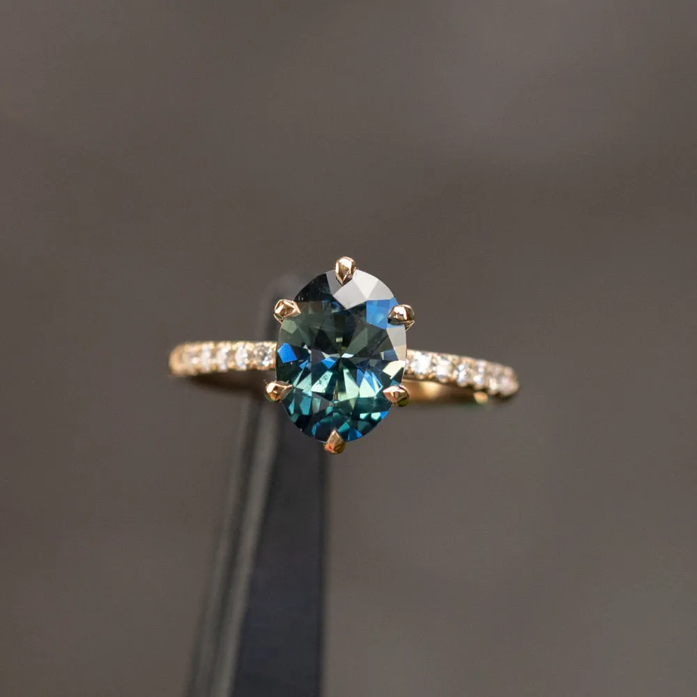 2.03ct Oval Parti Sapphire and Diamond Studded Lotus Six Prong Solitaire in 14k Yellow Gold