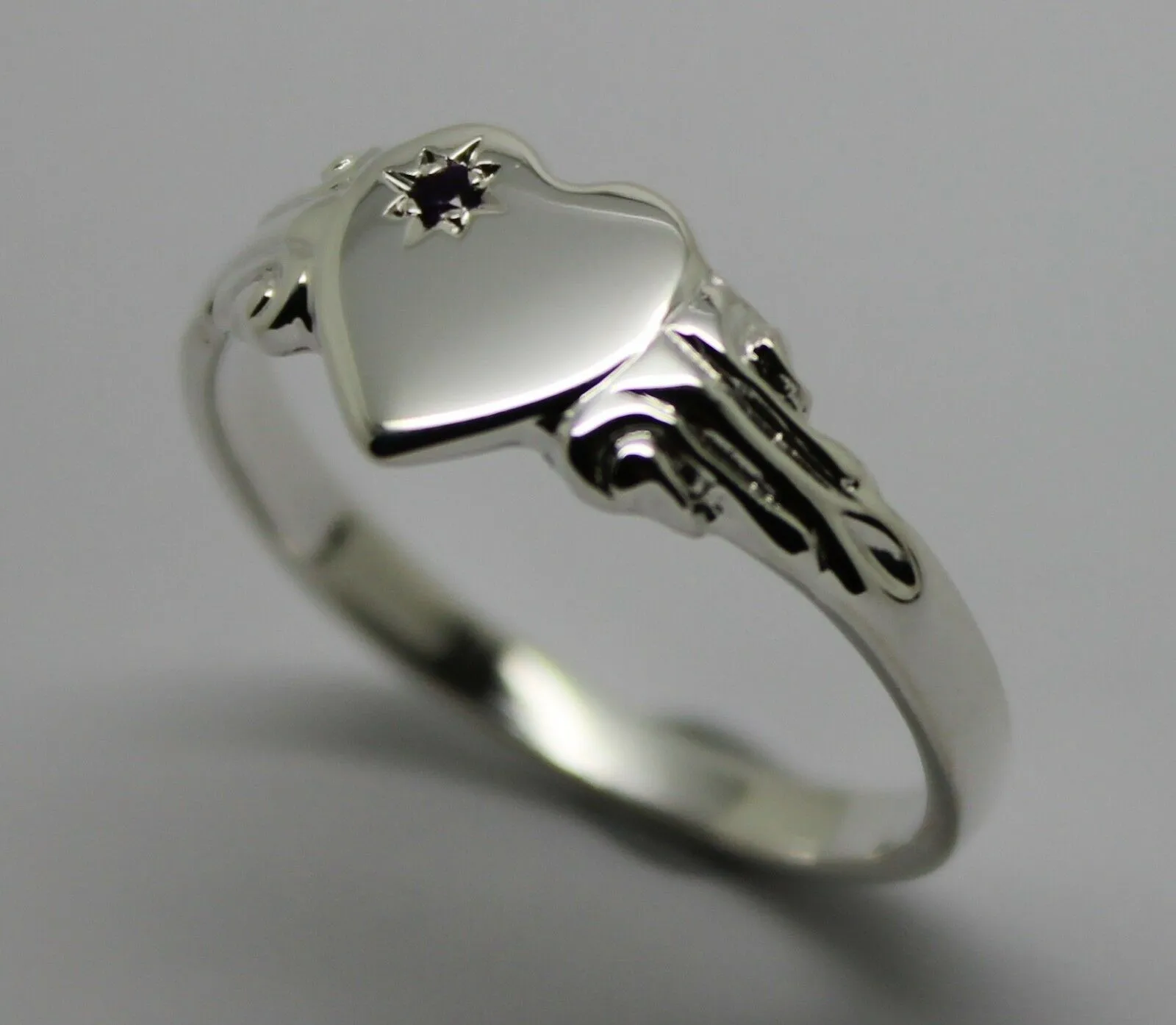 231 Genuine Full Solid New Sterling Silver Heart Amethyst Set Signet Ring Size N