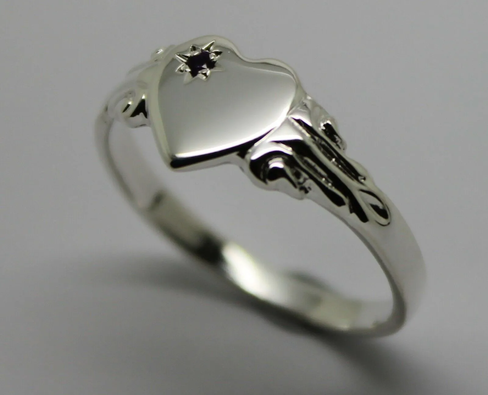 231 Genuine Full Solid New Sterling Silver Heart Amethyst Set Signet Ring Size N