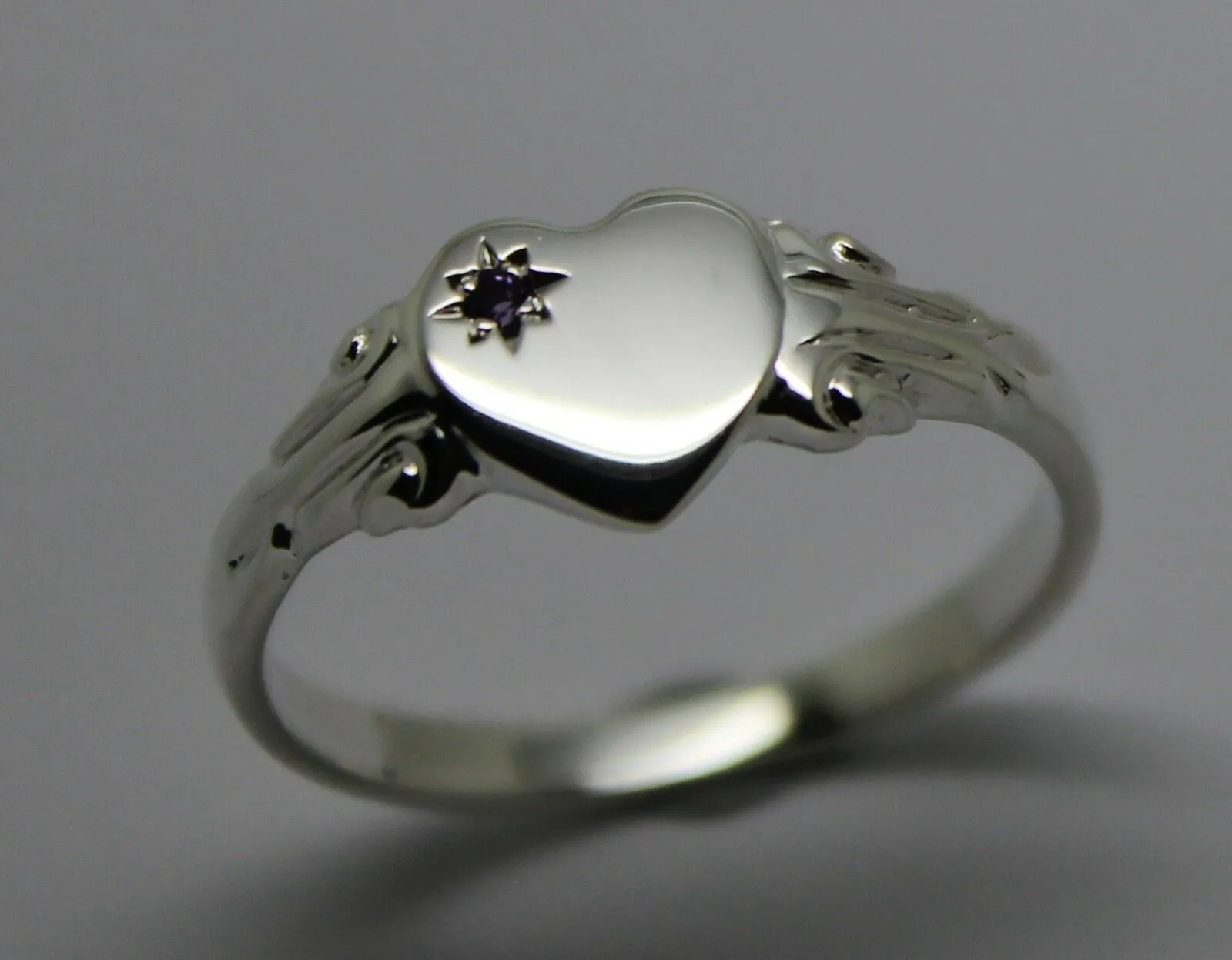231 Genuine Full Solid New Sterling Silver Heart Amethyst Set Signet Ring Size N