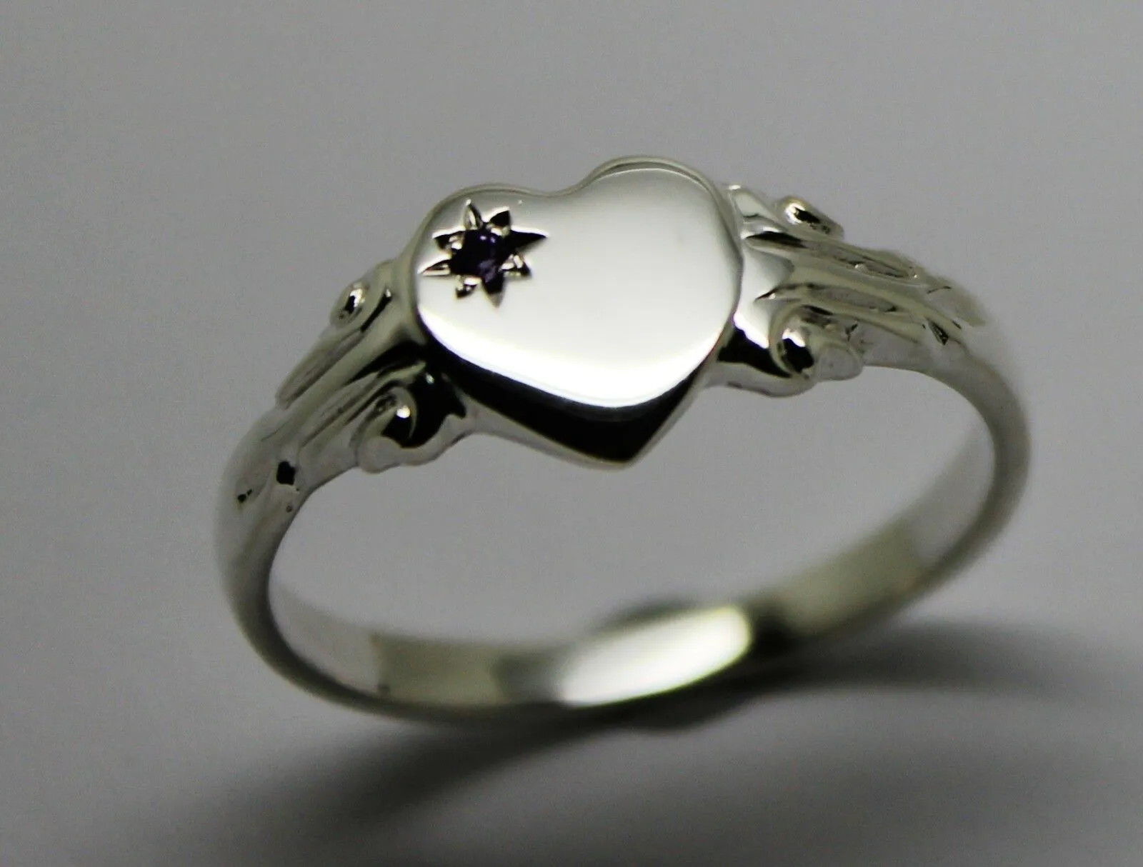 231 Genuine Full Solid New Sterling Silver Heart Amethyst Set Signet Ring Size N