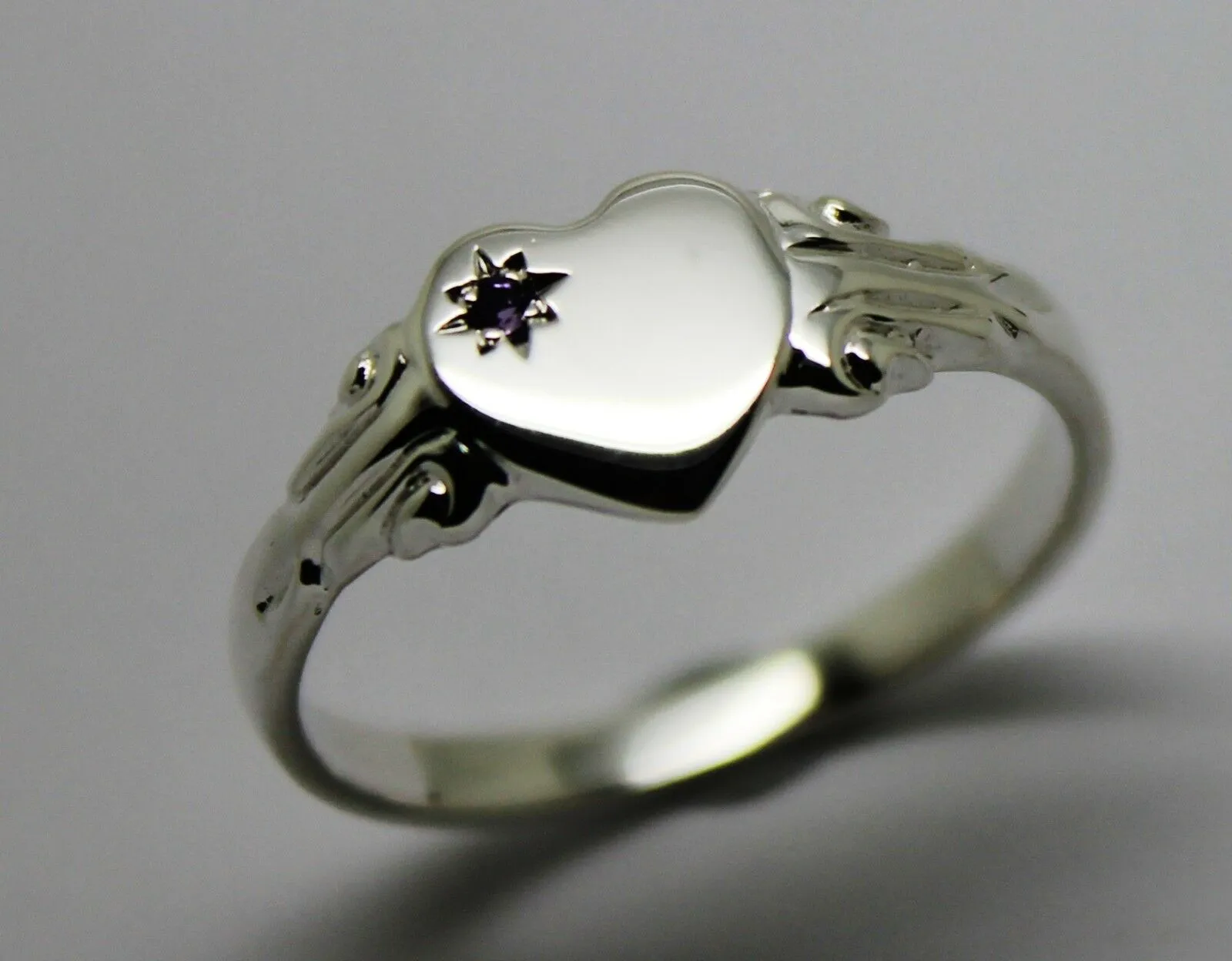231 Genuine Full Solid New Sterling Silver Heart Amethyst Set Signet Ring Size N