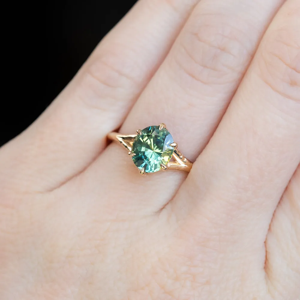 2.40ct Oval Teal Green Parti Sapphire Evergreen Carved Split Shank Six Prong Ring in 14k Yellow Gold