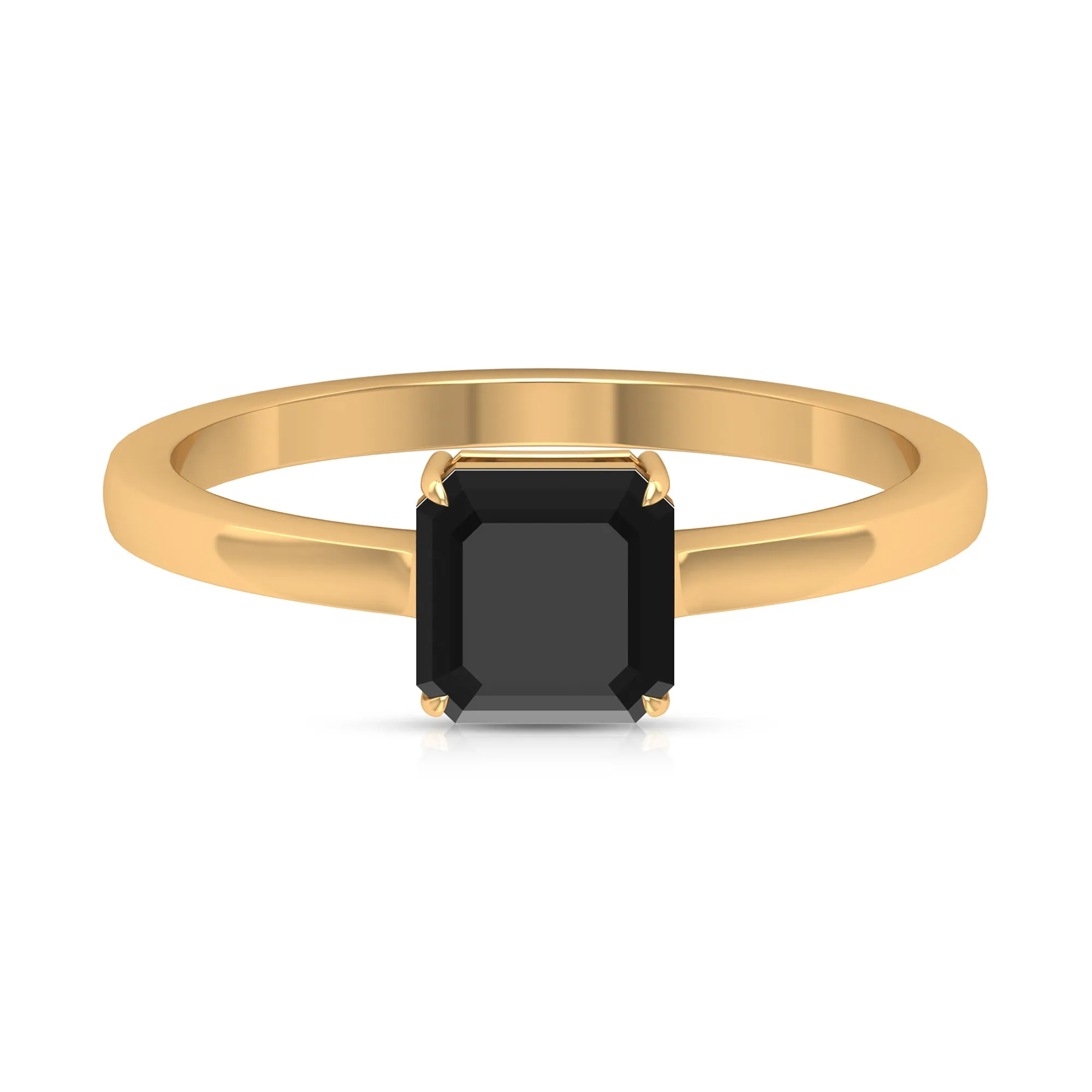 6 MM Asscher Cut Black Onyx Solitaire Ring for Women in Claw Setting with Gold Shank
