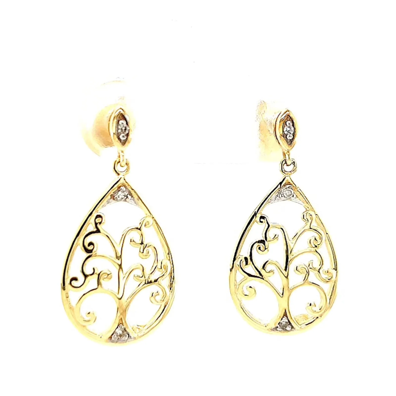 9ct Yellow Gold Diamond Set Tree of Life  Drop Earrings
