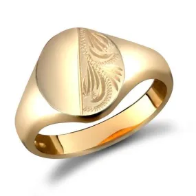 9ct Yellow Gold Oval Shaped Half Plain & Half Engraved Signet Ring 9.0g