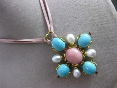 ANTIQUE EXTRA LARGE .24CT RUBY & MULTI GEM 18K YELLOW GOLD FLOWER HEART NECKLACE