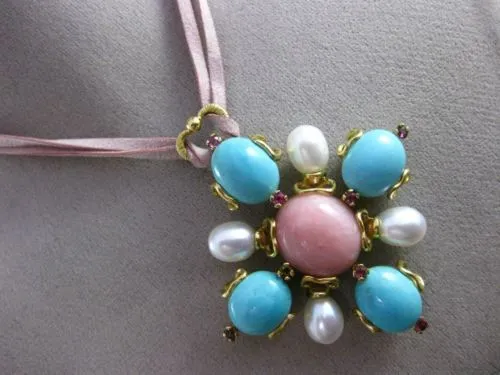 ANTIQUE EXTRA LARGE .24CT RUBY & MULTI GEM 18K YELLOW GOLD FLOWER HEART NECKLACE