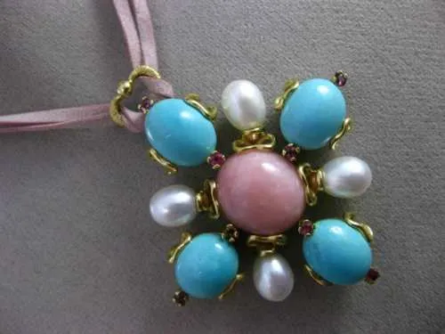 ANTIQUE EXTRA LARGE .24CT RUBY & MULTI GEM 18K YELLOW GOLD FLOWER HEART NECKLACE