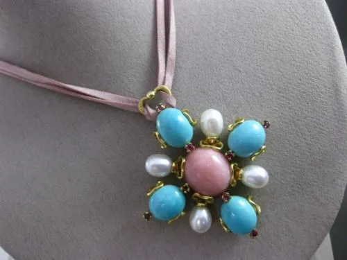 ANTIQUE EXTRA LARGE .24CT RUBY & MULTI GEM 18K YELLOW GOLD FLOWER HEART NECKLACE