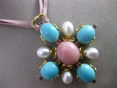 ANTIQUE EXTRA LARGE .24CT RUBY & MULTI GEM 18K YELLOW GOLD FLOWER HEART NECKLACE