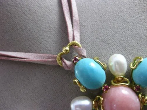 ANTIQUE EXTRA LARGE .24CT RUBY & MULTI GEM 18K YELLOW GOLD FLOWER HEART NECKLACE