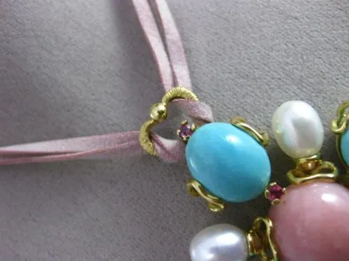 ANTIQUE EXTRA LARGE .24CT RUBY & MULTI GEM 18K YELLOW GOLD FLOWER HEART NECKLACE