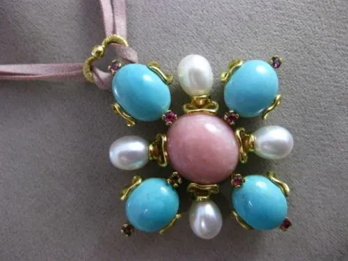 ANTIQUE EXTRA LARGE .24CT RUBY & MULTI GEM 18K YELLOW GOLD FLOWER HEART NECKLACE